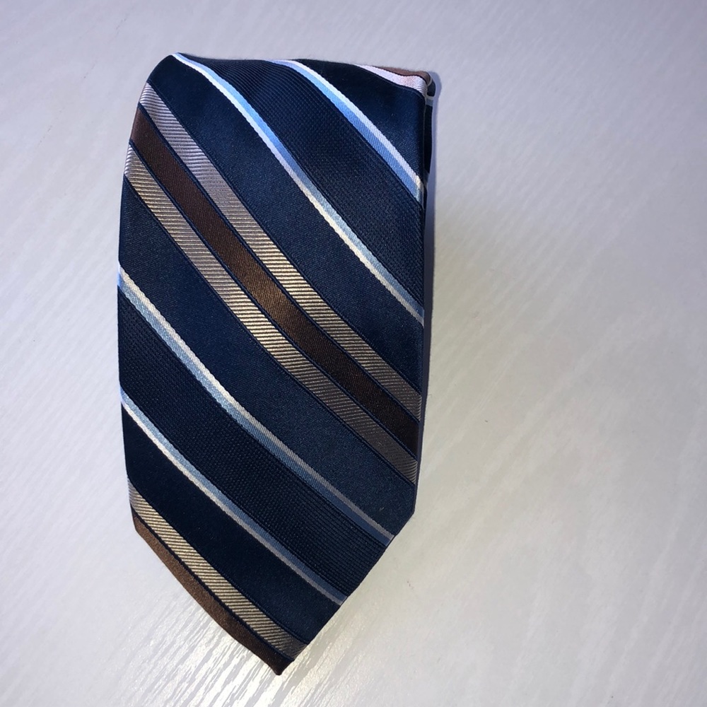 Michael Kors Silk tie stripe navy blue tan gray brown